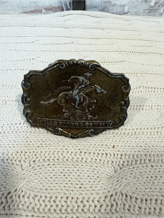 Wells Fargo Horse & Rider Decorative Belt Buckle - Antique Brass Finish